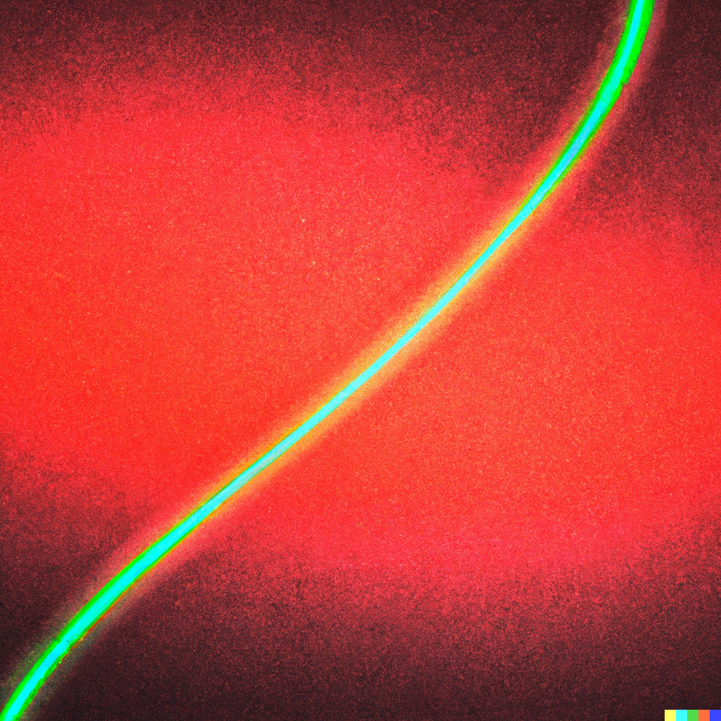 An abstract digital artwork featuring a deep crimson background with speckled noise texture, transitioning to green tones with a dark centre convergence point