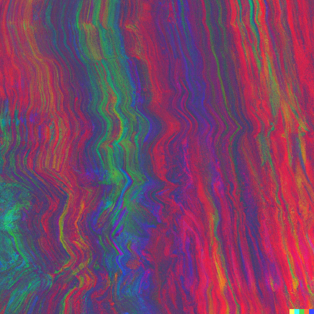 An abstract digital artwork featuring a deep crimson background with speckled noise texture, transitioning to green tones with a dark centre convergence point