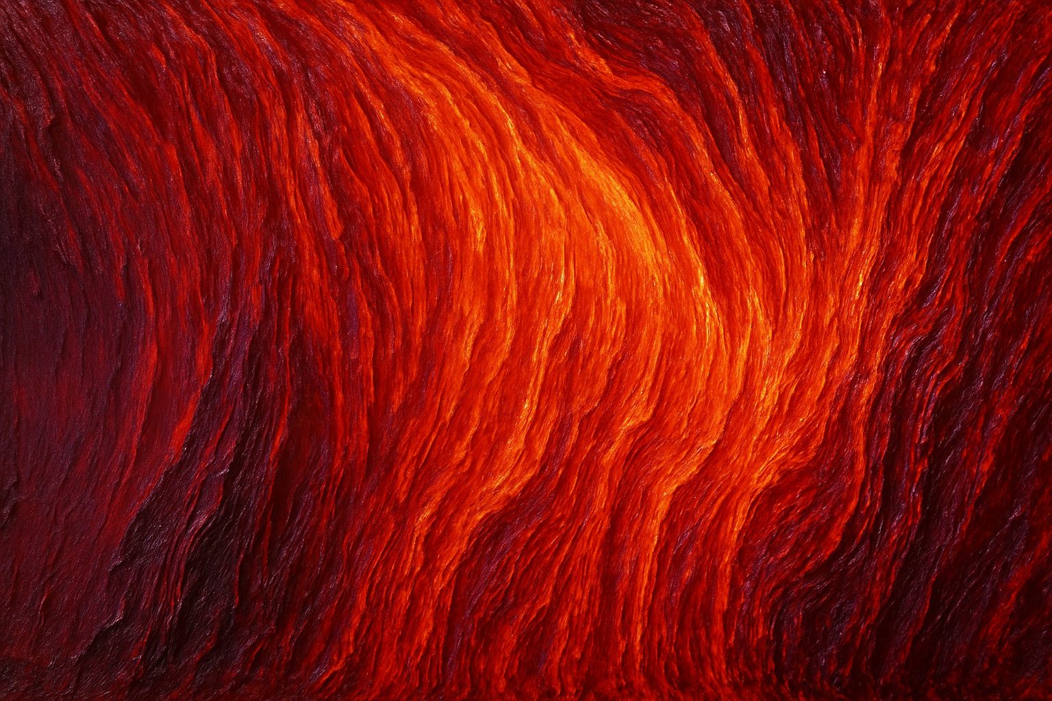 Abstract painting with thick, molten textures resembling flowing lava. Deep reds and purples blend into fiery oranges and yellows, layered in dense, waxy ridges with a glowing, volcanic effect.