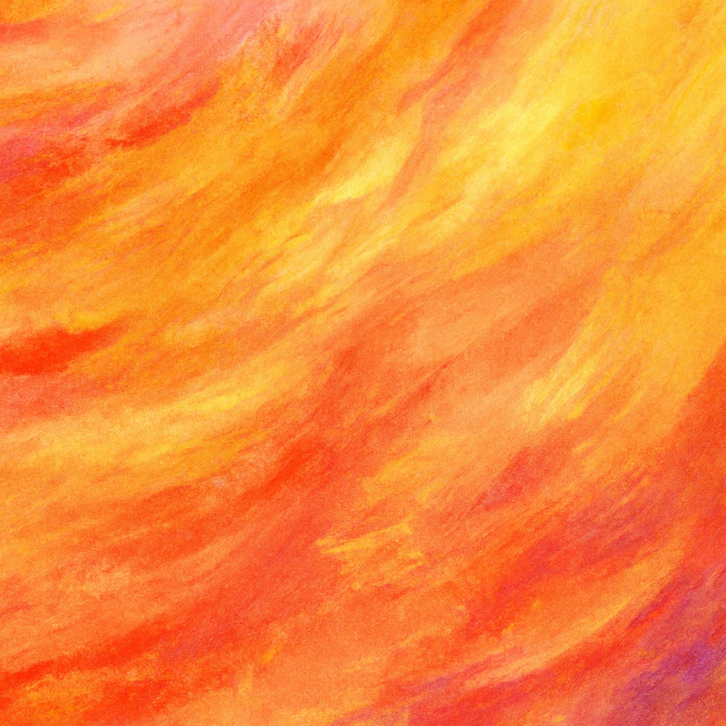 An abstract painting with sweeping brushstrokes in vibrant warm colors. Shades of orange, red, and yellow dominate, blending smoothly with hints of pink and purple. The strokes flow diagonally from upper left to lower right, creating a sense of energy and movement.