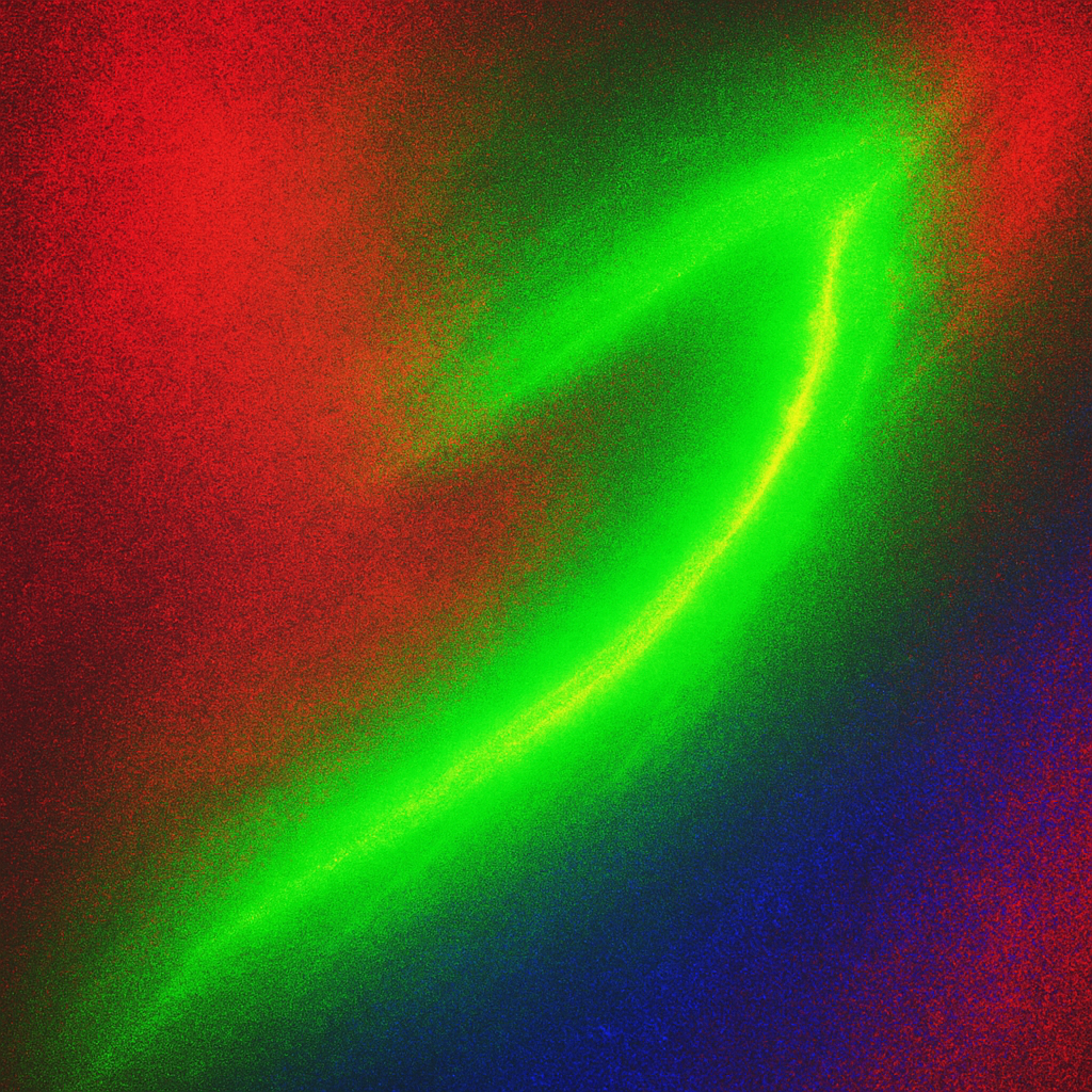 A digital abstract image featuring a vivid, electric green streak curving diagonally across a textured background of deep red, blue, and purple gradients.