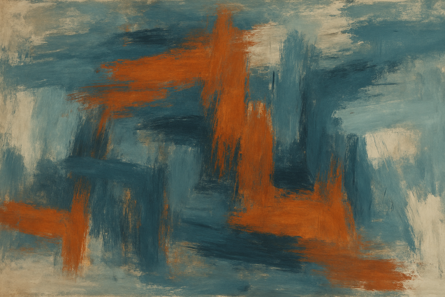 Abstract painting with layered brushstrokes in muted blues and deep oranges, evoking tension and balance.